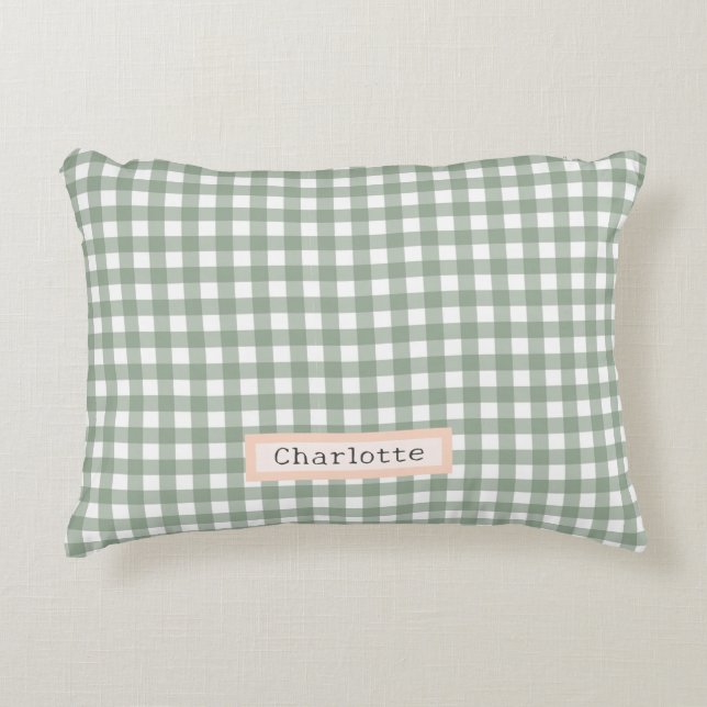 Cute Sage Green Plaid Personalised  Decorative Cushion (Front)