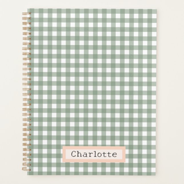Cute Sage Green Plaid Personalised  Planner (Front)