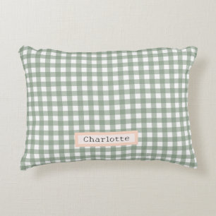 Cute Sage Green Plaid Personalized  Decorative Cushion