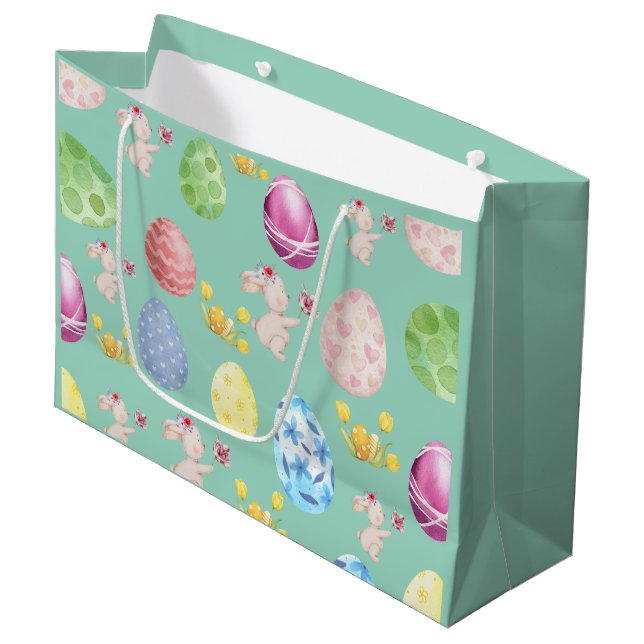 Cute Sage Green Watercolor Easter Bunny Large Gift Bag (Front Angled)