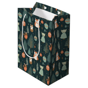 Cute Sage Green Winter Woodland Foxes Christmas  Medium Gift Bag