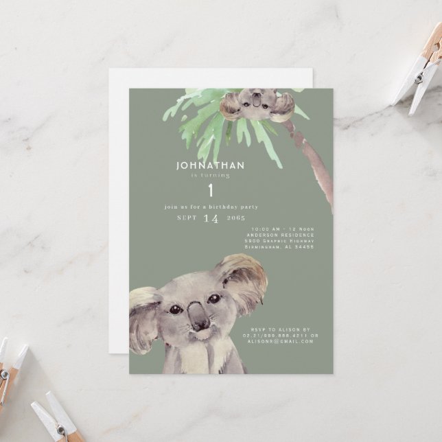 Cute Sage Koala Bear 1st Birthday Party Invitation (Front/Back In Situ)