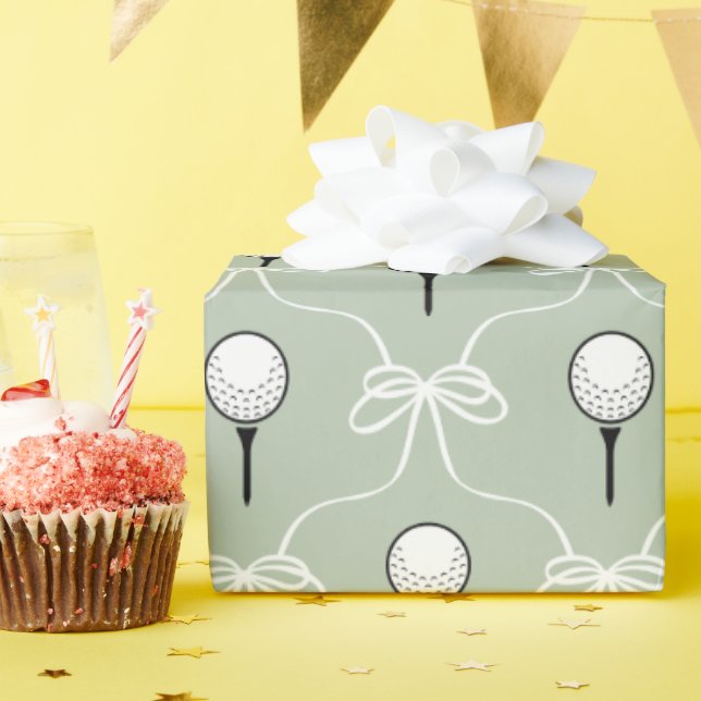 Cute Sage White Bow Golf Pattern Wrapping Paper (Birthday Party)