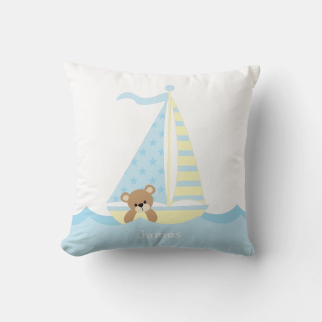 Cute Sailboat Bear Personalised Nursery Cushion (Front)