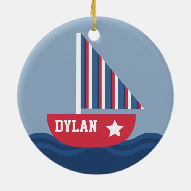 Cute Sailboat Nautical For Kids Ceramic Tree Decoration (Back)
