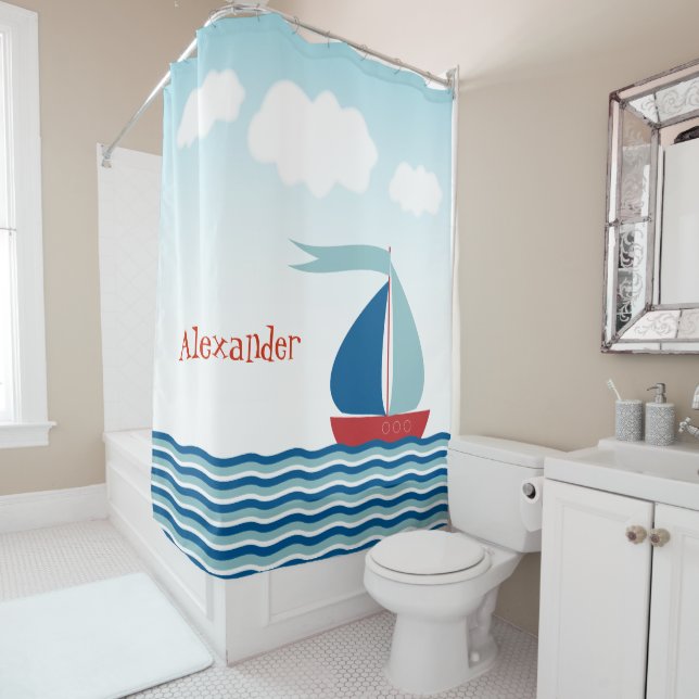 Cute Sailboat on Water, Personalised Nautical Shower Curtain (In Situ)
