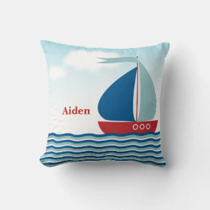 Cute Sailboat on Water Red & Blue Boys Cushion