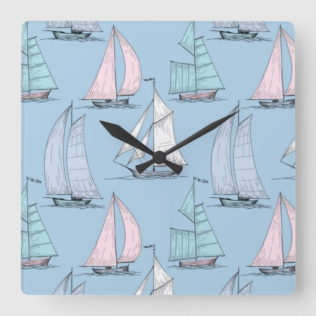 Cute Sailboat Pattern 1 Square Wall Clock (Front)