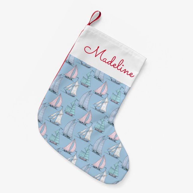 Cute Sailboat Pattern | Add Your Name Small Christmas Stocking (Front (Hanging))