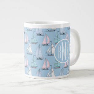 Cute Sailboat Pattern   Monogram Large Coffee Mug