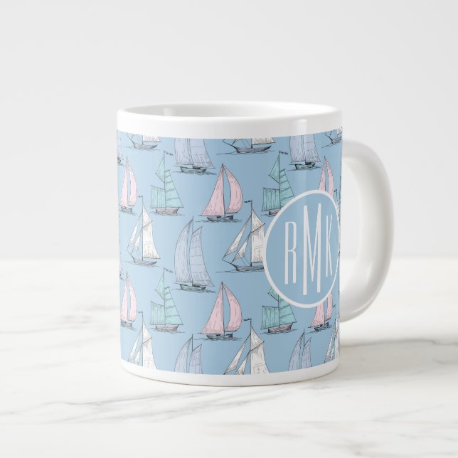 Cute Sailboat Pattern | Monogram Large Coffee Mug (Front Right)