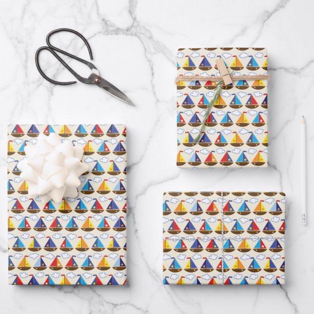 Cute Sailboat Pattern Wrapping Paper Sheet (Front)