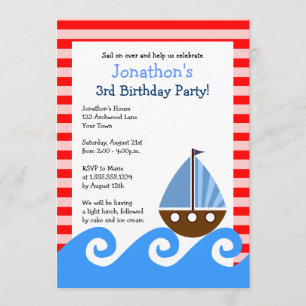 Cute Sailboat Red and Blue Birthday Invite 5x7