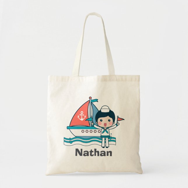 Cute Sailor and Boat Personalised Tote Bag (Front)