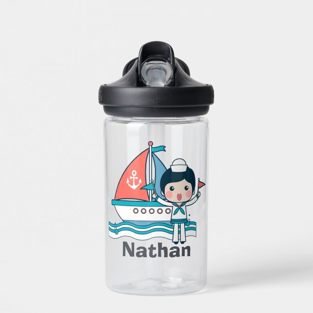 Cute Sailor and Boat Personalised Water Bottle (Front)
