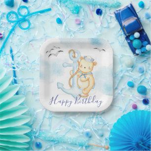 Cute sailor bear baby birthday party paper plate