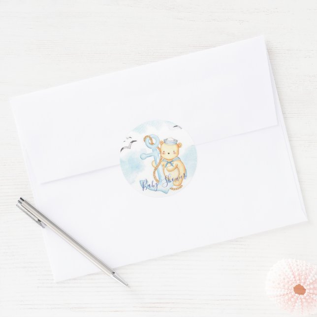 Cute sailor bear baby shower classic round sticker (Envelope)