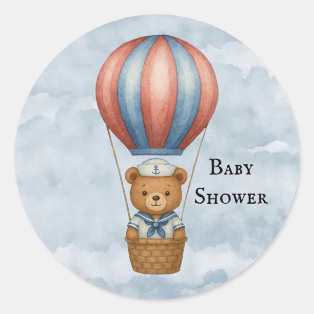 Cute Sailor Bear Hot Air Balloon Boy Baby Shower Classic Round Sticker (Front)