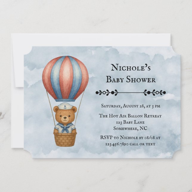 Cute Sailor Bear Hot Air Balloon Boy Baby Shower Invitation (Front)