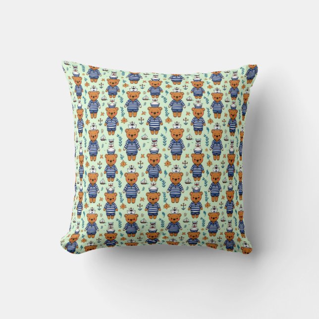 Cute Sailor Bear Pattern With Navy Stripes Cushion (Front)