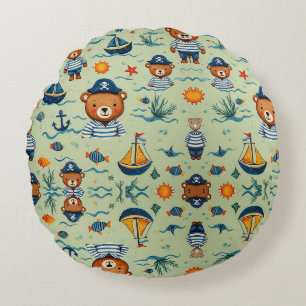 Cute Sailor Bear Pattern With Navy Stripes Round Cushion