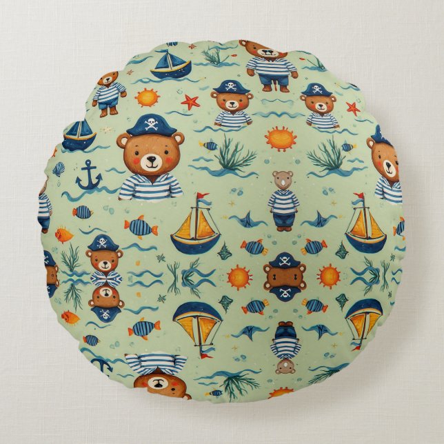 Cute Sailor Bear Pattern With Navy Stripes Round Cushion (Front)