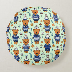 Cute Sailor Bear Pattern With Navy Stripes Round Cushion