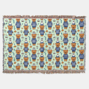 Cute Sailor Bear Pattern With Navy Stripes Throw Blanket