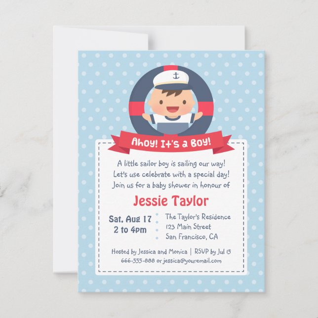 Cute Sailor Boy, Nautical Baby Shower Invitation (Front)