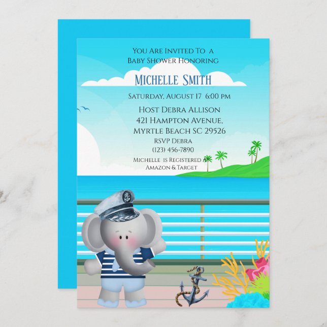 Cute Sailor Elephant Baby Shower Invitation (Front/Back)