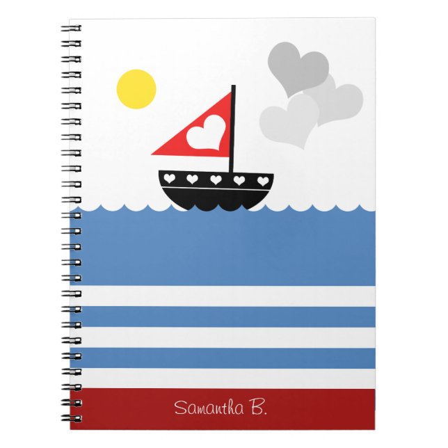 Cute Sailors Sailboat with Hearts Custom Notebook (Front)