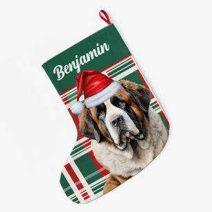 Cute Saint Bernard Dog Plaid Custom Large Christmas Stocking