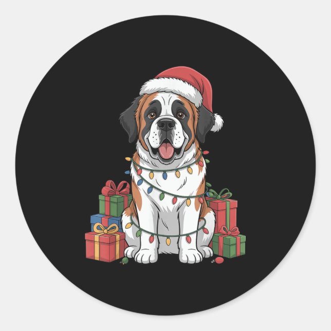 Cute Saint Bernard Santa Hat Christmas Dog Lover H Classic Round Sticker (Front)