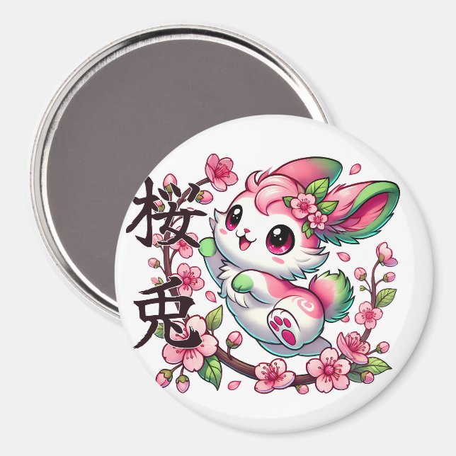 Cute Sakura Bunny Magnet with Japanese Brush Scrip (Front/Back)