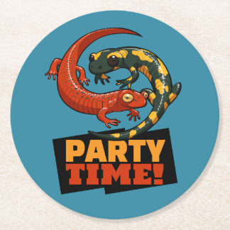 Cute Salamanders Party Time! Red & Fire Cartoon Round Paper Coaster
