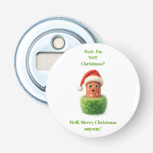 Cute salami surprised Christmas in fluffy green Bottle Opener