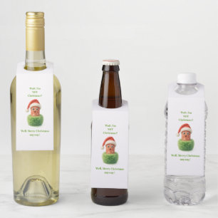 Cute salami surprised Christmas in fluffy green Bottle Tag