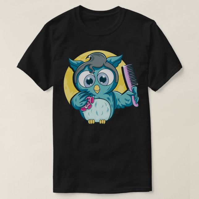 Cute Salon Owl Comb Haircut Hairdresser Hairstylis T-Shirt (Design Front)