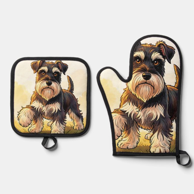 Cute Salt and Pepper Schnauzer Puppy  Oven Mitt & Pot Holder Set (Front)