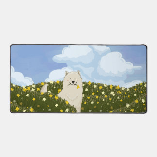 Cute Samoyed Dog in Field of Yellow Flowers (Blue) Desk Mat