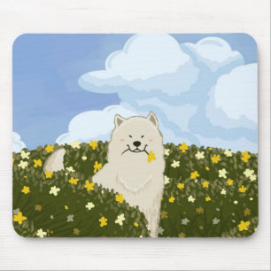 Cute Samoyed Dog in Field of Yellow Flowers (Blue) Mouse Mat