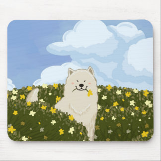 Cute Samoyed Dog in Field of Yellow Flowers (Blue) Mouse Mat