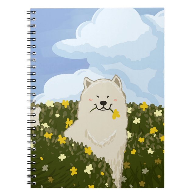 Cute Samoyed Dog in Field of Yellow Flowers (Blue) Notebook (Front)