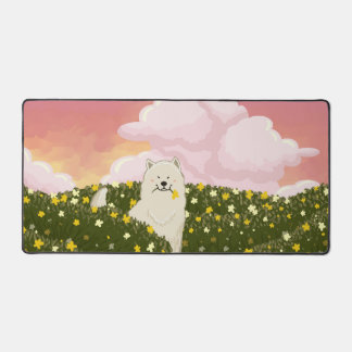 Cute Samoyed Dog in Field of Yellow Flowers (Pink) Desk Mat