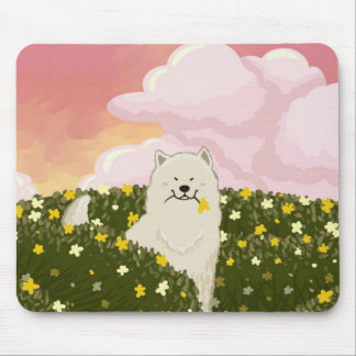 Cute Samoyed Dog in Field of Yellow Flowers (Pink) Mouse Mat