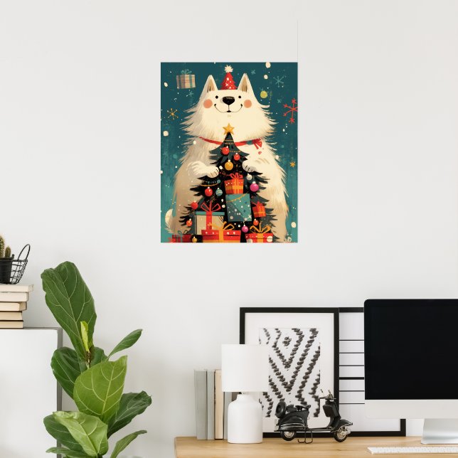 Cute Samoyed dog with Christmas holiday Poster (Home Office)