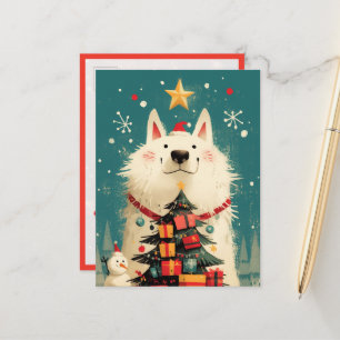 Cute Samoyed dog with Christmas Postcard