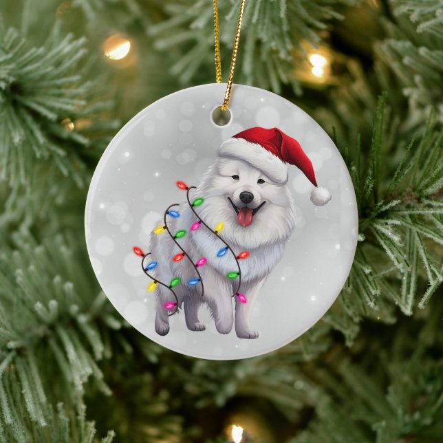 Cute Samoyed Dog Wrapped in Christmas Lights  Ceramic Tree Decoration (Tree)