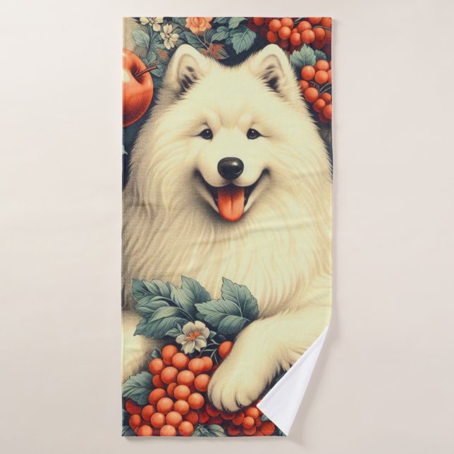 Cute Samoyed Floral Painting Bath Towel (Bath Towel)