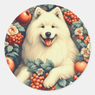 Cute Samoyed Floral Painting Classic Round Sticker